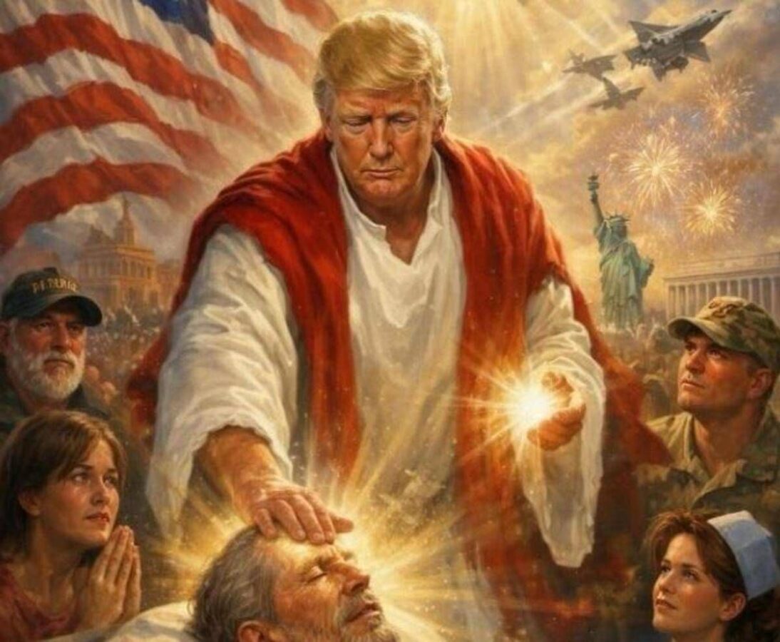 Luce divina e fedeli in preghiera, Trump come Gesù nell'immagine Ai postata su Truth