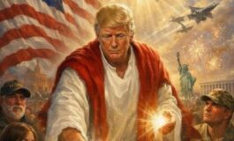 Luce divina e fedeli in preghiera Trump come Gesu nellimmagine Ai postata su Truth 265x160