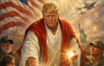 Luce divina e fedeli in preghiera Trump come Gesu nellimmagine Ai postata su Truth 364x230