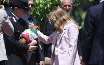 Italia Corea Meloni si fa foto con Briciola cagnolina mascotte Carabinieri star a Villa Pamphlij 364x230