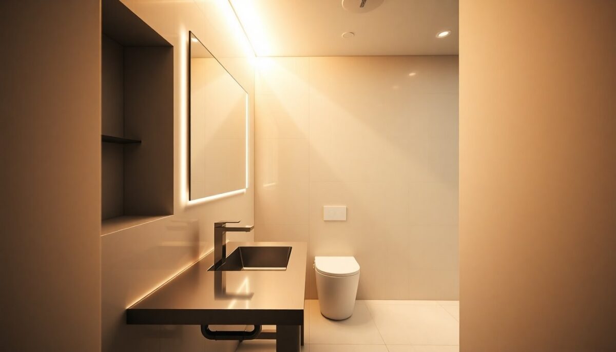 Micro-bagno: rubinetteria compatta, nicchie e luci a strati