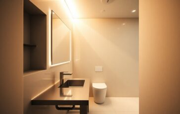 Micro-bagno: rubinetteria compatta, nicchie e luci a strati