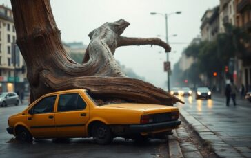 Platano crolla davanti al Gazometro a Roma e travolge un taxi, passeggeri illesi