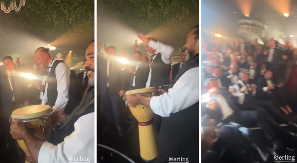Erling Haaland con tamburo durante festa matrimoniale, attori comici su palco, celebrazioni in Puglia