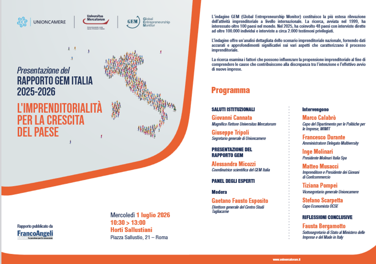 Rapporto Gem Italia 2025-26 di Universitas Mercatorum, tasso attivazione 11%, Italia 30ma su 48 paesi