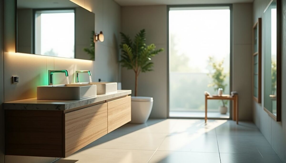 Bagno efficiente con moduli smart, rubinetti green e materiali durevoli