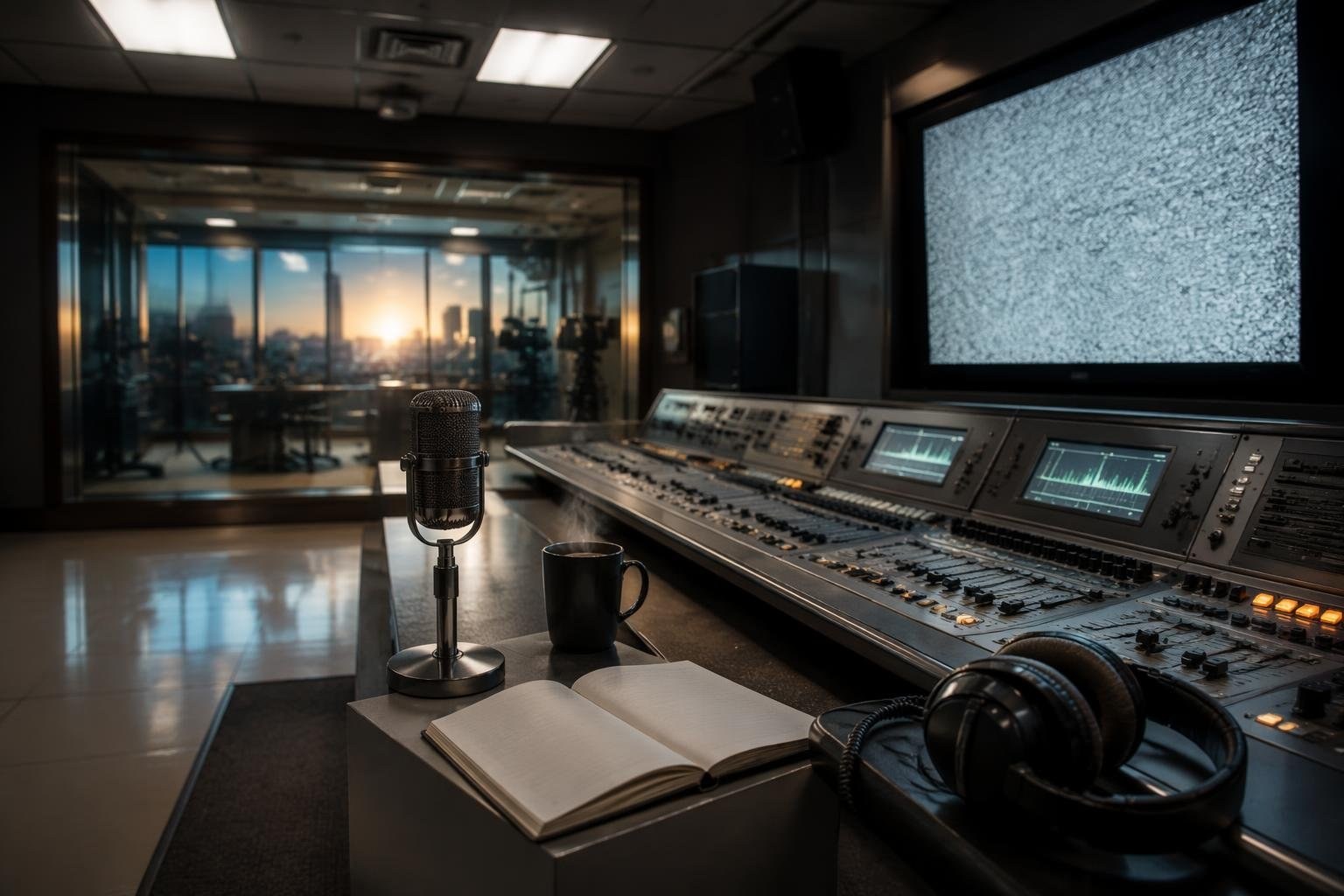 Studio televisivo con quattro giornalisti Rai, documentazione programma di approfondimento investigativo, immagine di approfondimento
