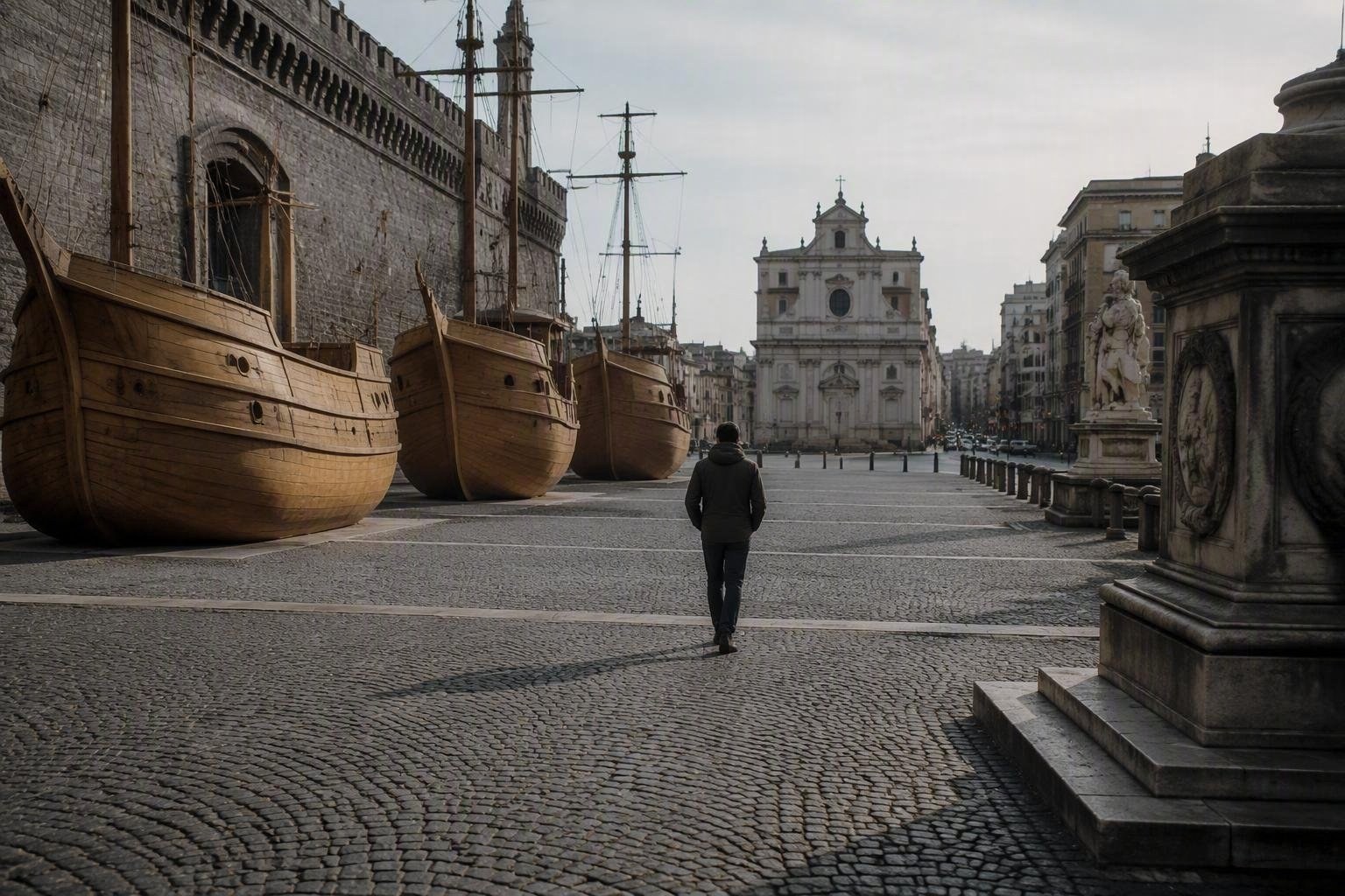 Installazione temporanea a Napoli: viaggiatori di legno in città