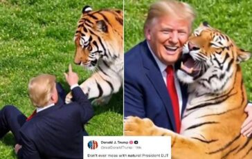 Uomo sbranato da una tigre Trump posta il video Non si scherza con la natura. Poi pubblica la parodia con IA 364x230