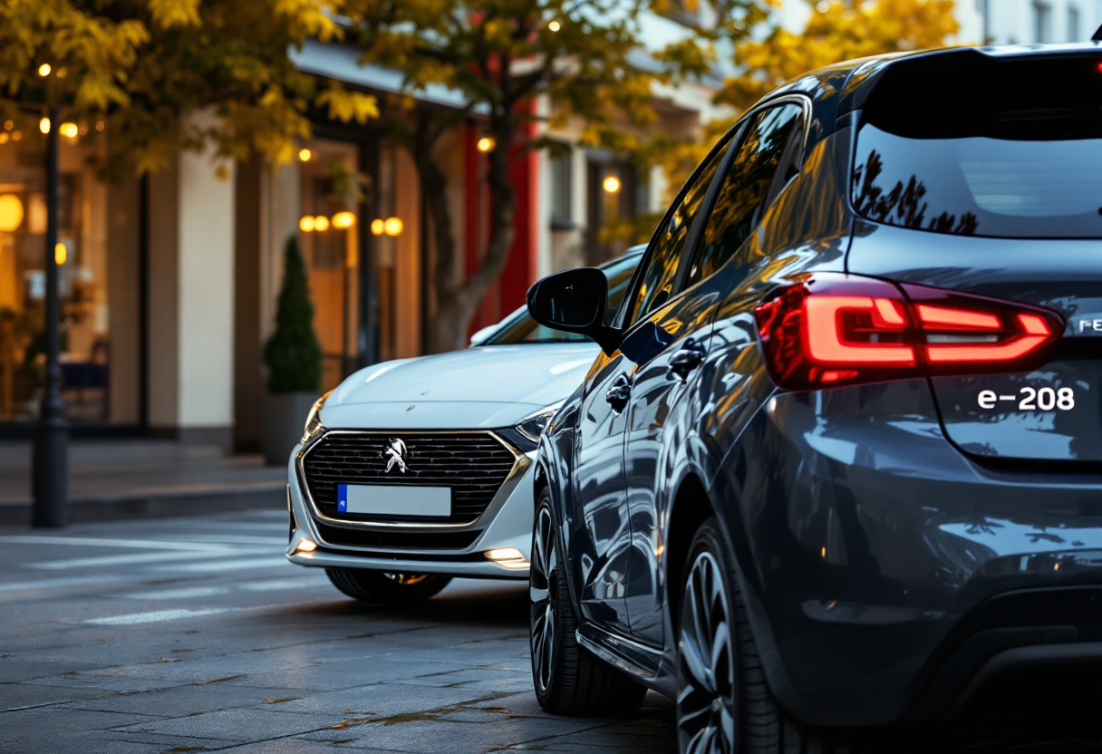 Peugeot E-208 in movimento su strada urbana