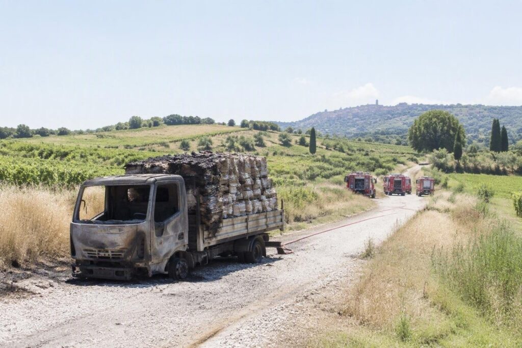 Incendio di un camion compattatore carico di carta a Gualdo Cattaneo