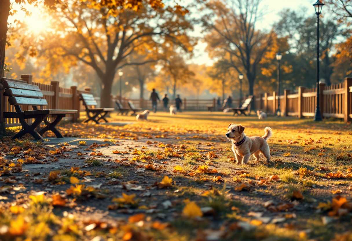 Perro jugando en un parque canino con su dueño