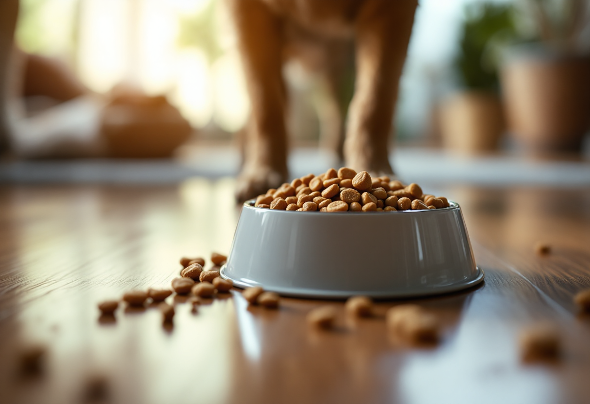 Cane felice che mangia pienso grain free