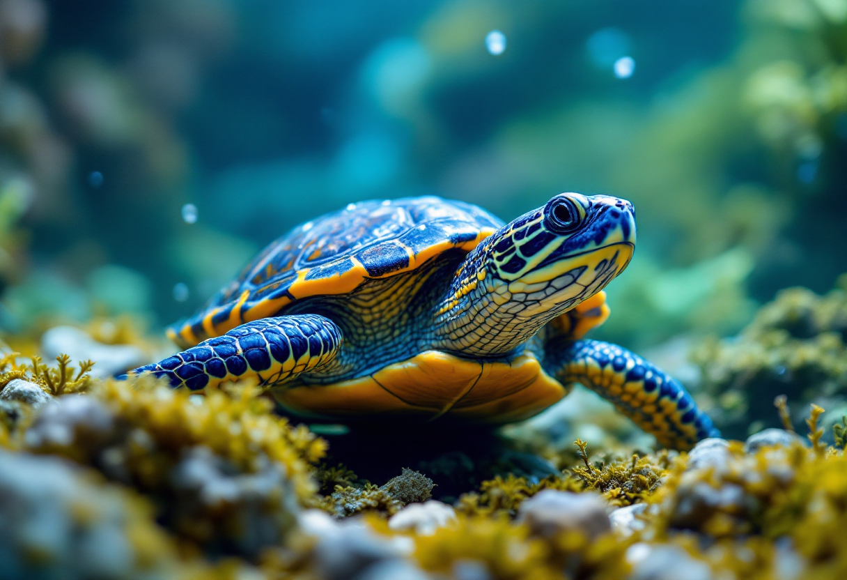 Tortuga de agua en un acuario bien cuidado