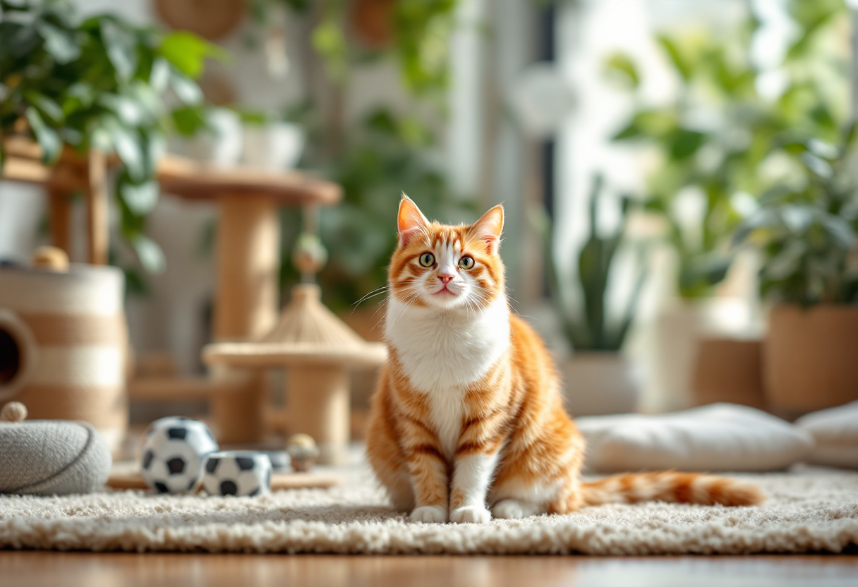 Gatto che esplora un ambiente arricchito con giochi