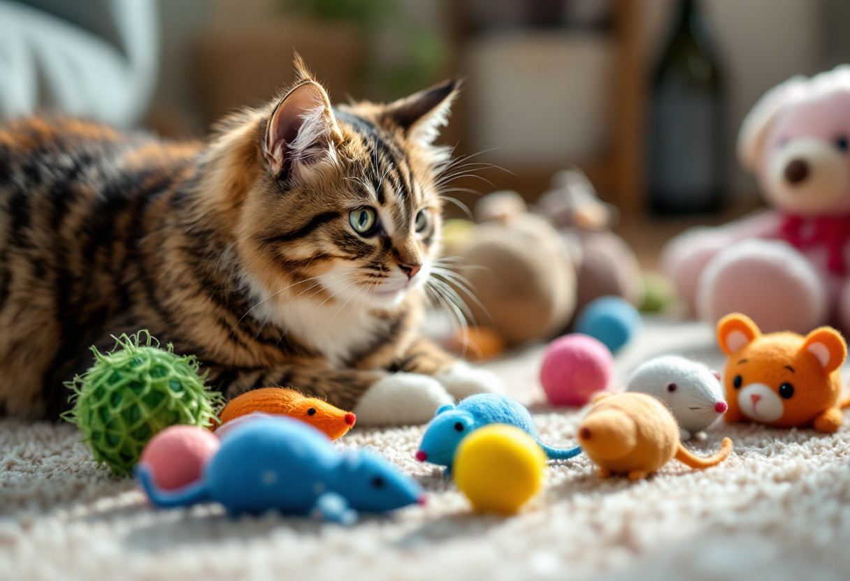 Gato jugando con un juguete colorido y divertido