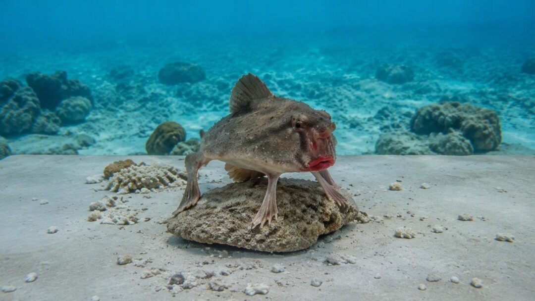 Pez de labios rojos camina por el fondo marino de Galápagos