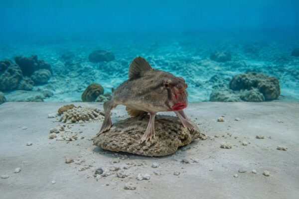 Pez de labios rojos camina por el fondo marino de Galápagos