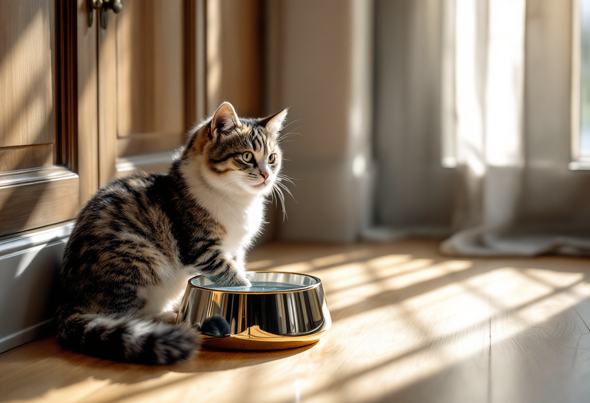Gatto che beve acqua fresca da una ciotola