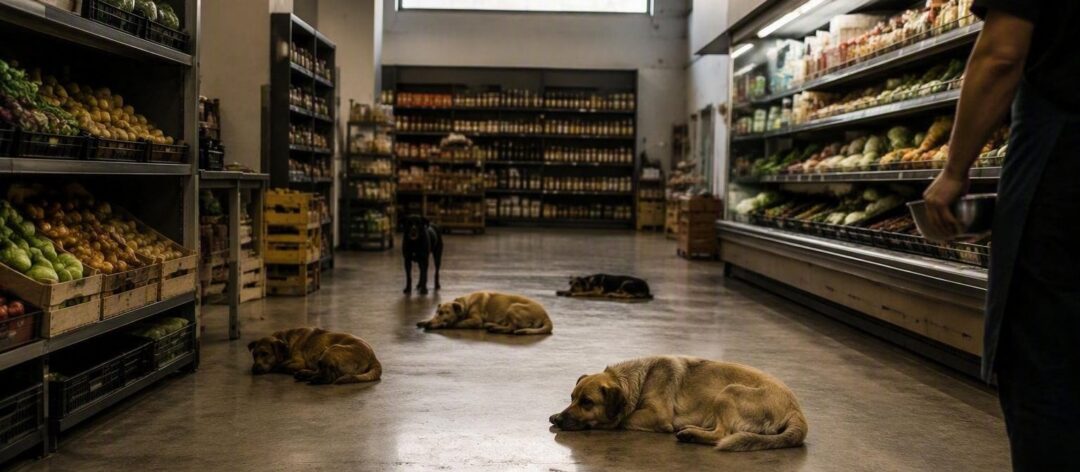 Licata: cani randagi trovano sollievo dal caldo nell'androne di un supermercato