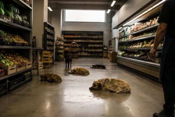 Licata: cani randagi trovano sollievo dal caldo nell'androne di un supermercato