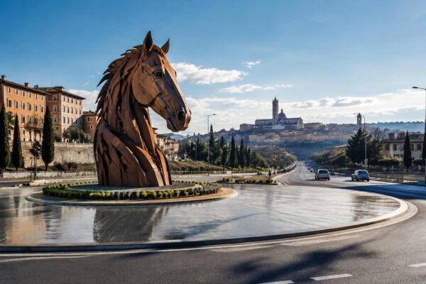 Cavallo di acciaio accoglie i visitatori sulla rotatoria di Levante