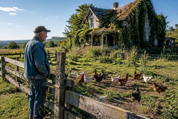 Un uomo e le sue galline: rifugio in una campagna muta