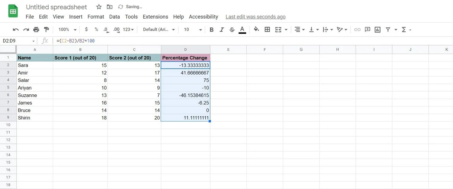 Come calcolare la variazione percentuale in Fogli Google