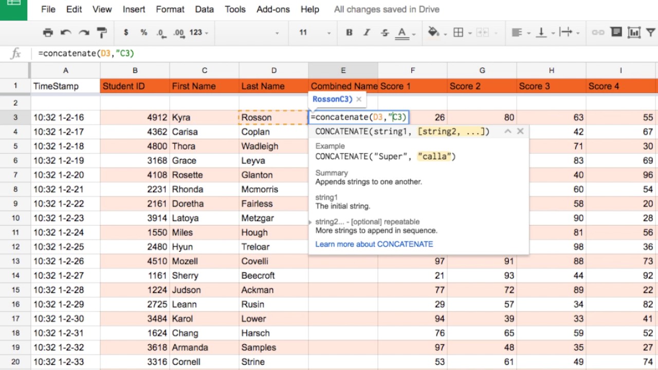 Come utilizzare la funzione CONCATENA in Fogli Google