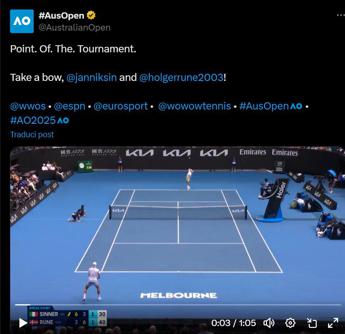 x celebra sinner il punto del torneo secondo laccount degli australian open e quello contro rune il video 2