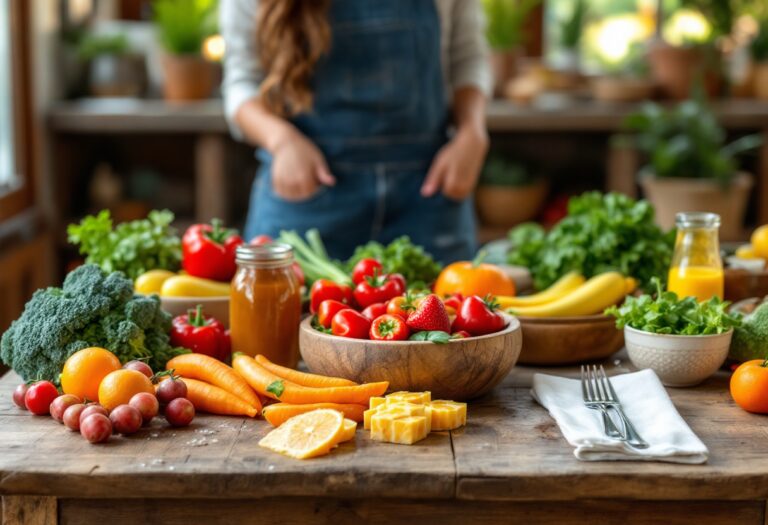 Piatto sano con frutta e verdura fresca per un'alimentazione equilibrata