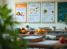 Bambini che praticano sport e mangiano sano a scuola