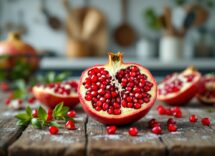 Melograno sgranato e succo fresco in un bicchiere
