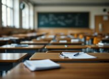 Insegnante in aula con espressione preoccupata