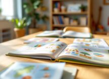 Bambino con occhiali che legge un libro