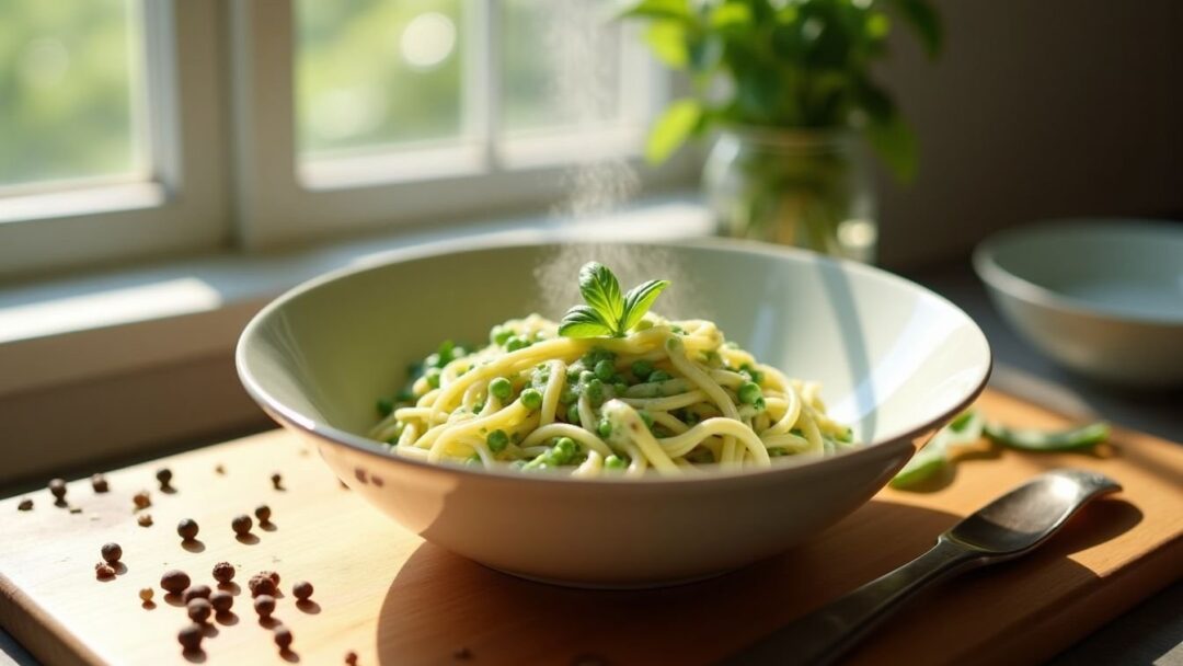 Ricetta facile e veloce per maccheroncini con crema di piselli e basilico per bambini