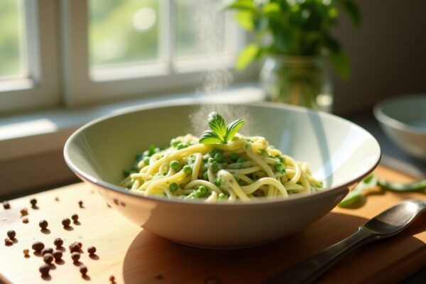 Ricetta facile e veloce per maccheroncini con crema di piselli e basilico per bambini