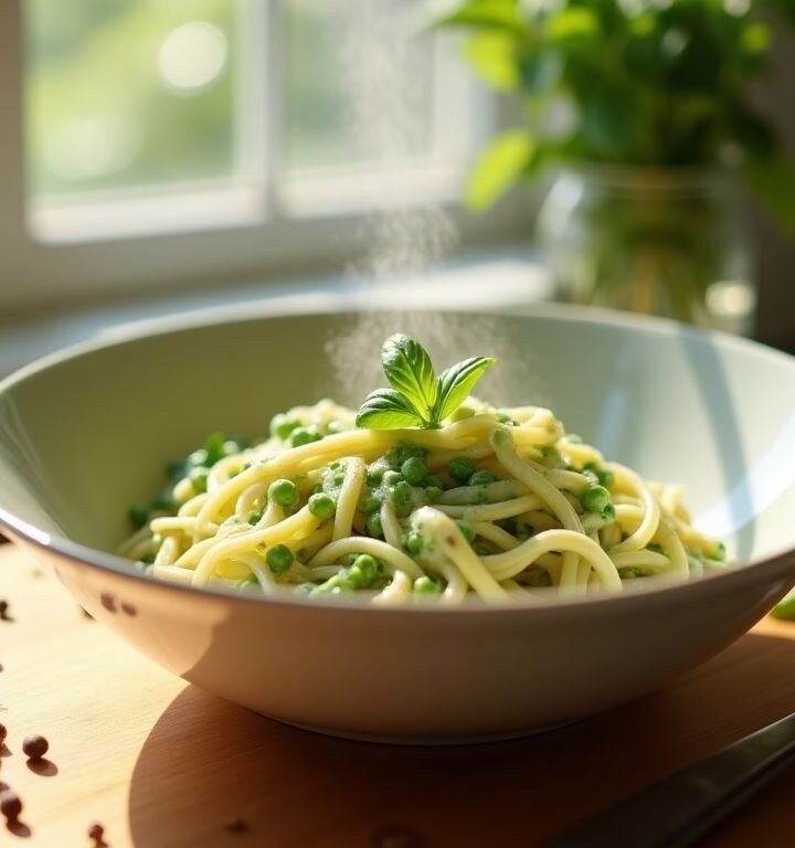 Ricetta facile e veloce per maccheroncini con crema di piselli e basilico per bambini