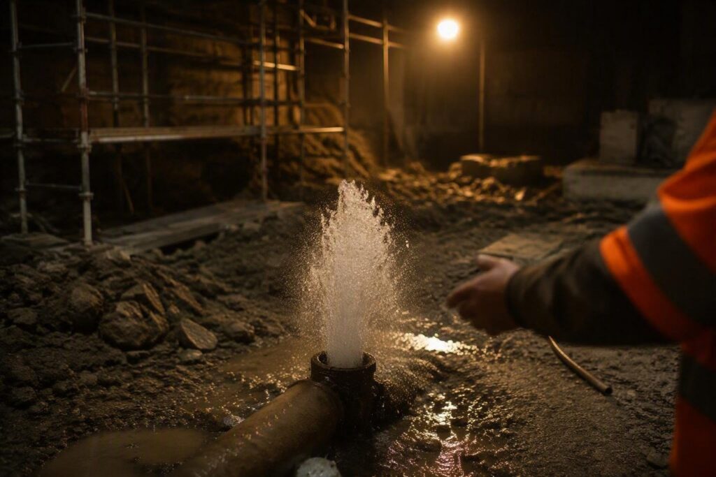 Geyser improvvisato a Prati per tubazione rotta: zona senza acqua