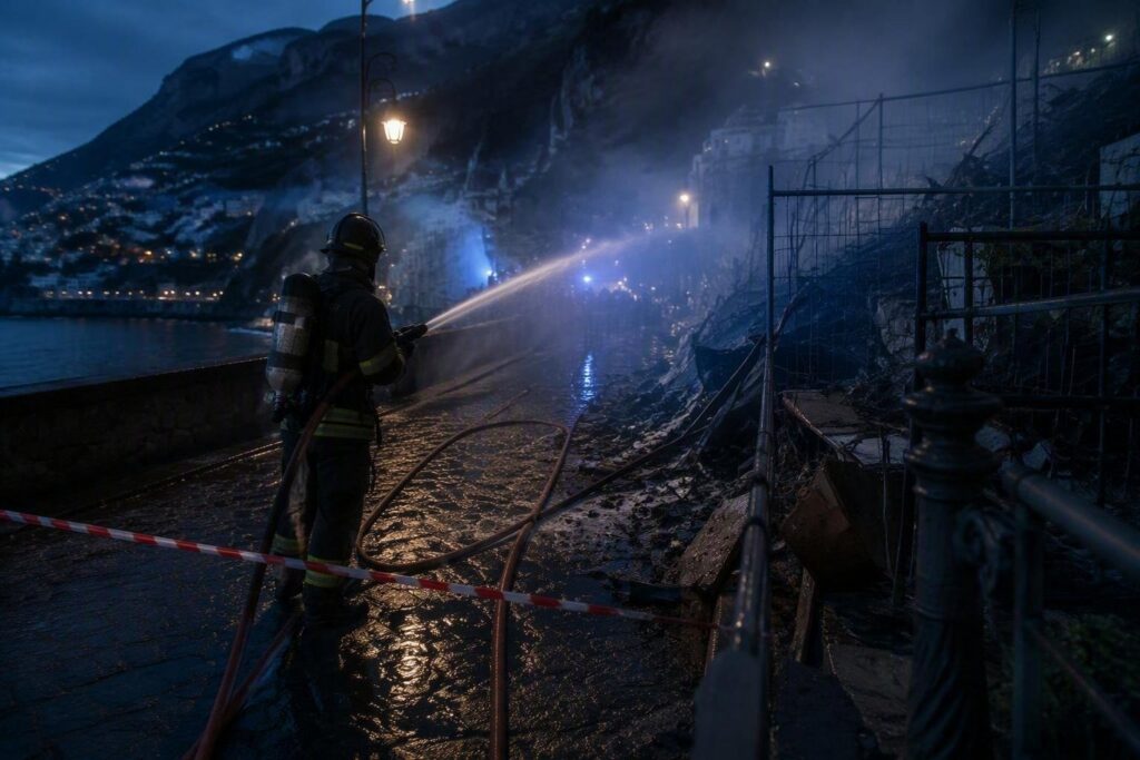 Fiamme e frana sulla Statale Amalfitana: emergenza a San Pietro