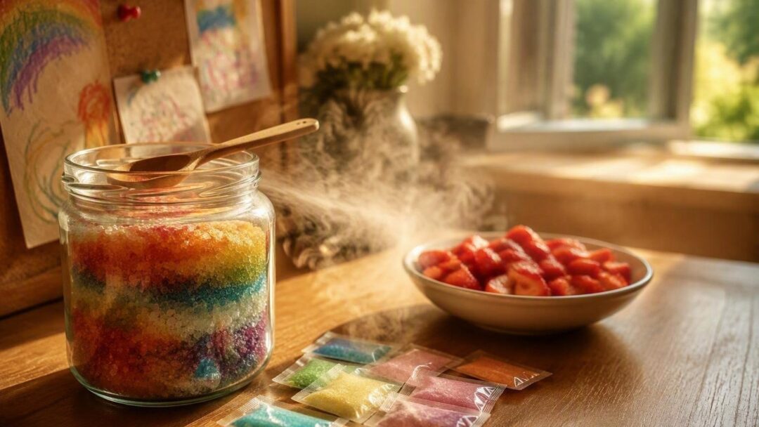 Making colorful rock candy at home with kids