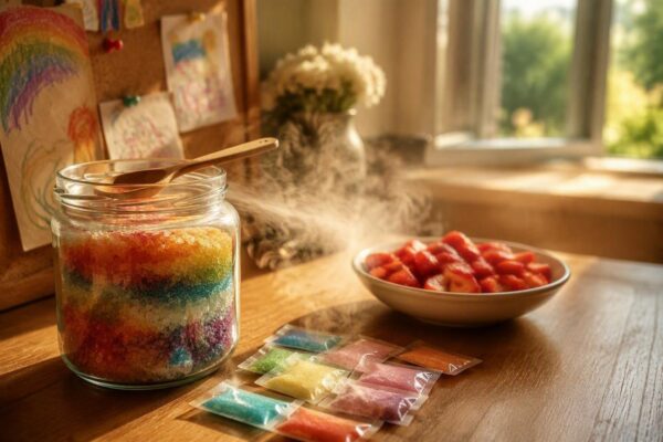 Making colorful rock candy at home with kids