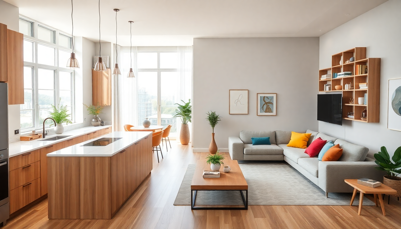 Idee per la disposizione di cucina e soggiorno in un trilocale