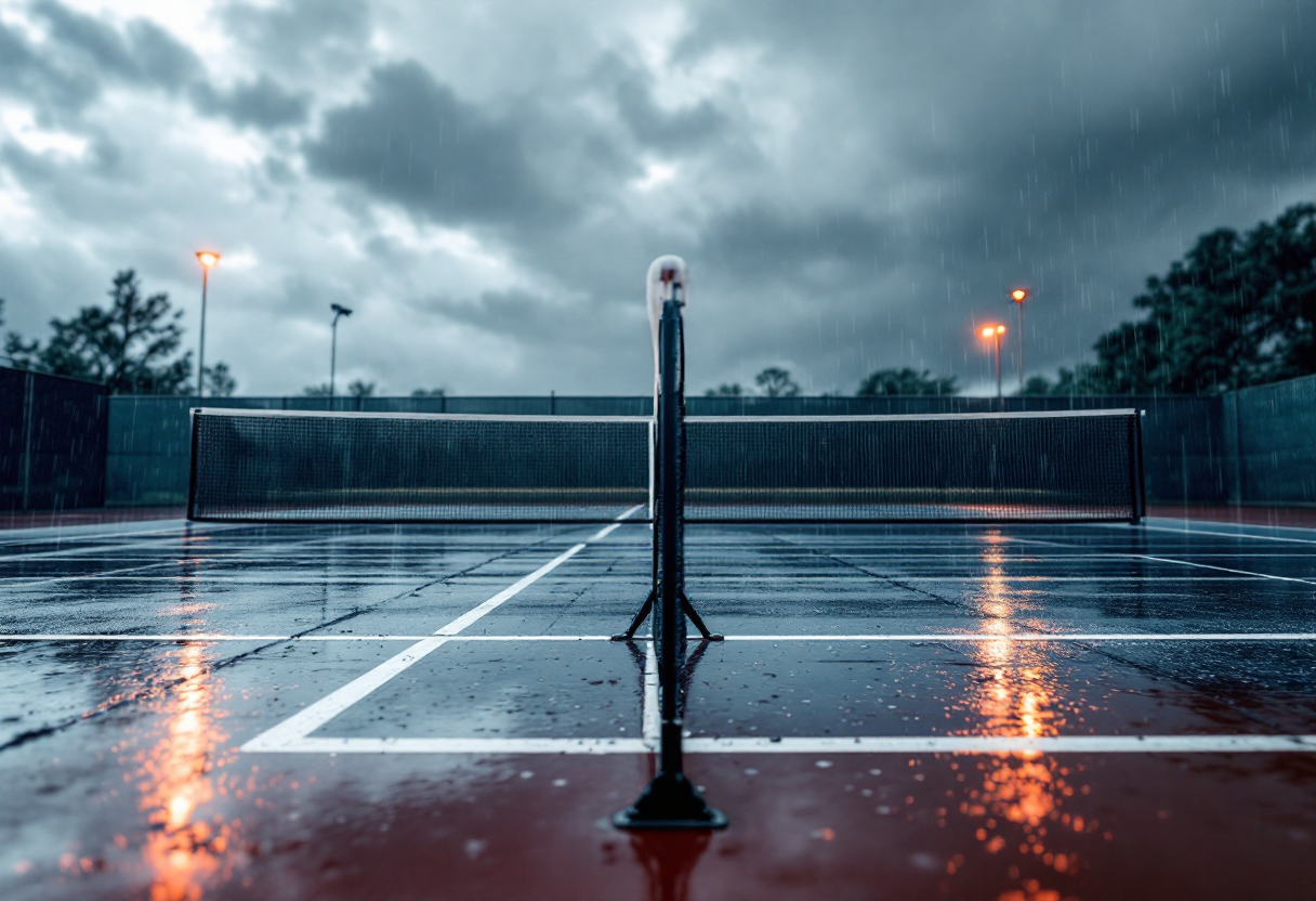 Immagine del maltempo che interrompe il torneo di tennis