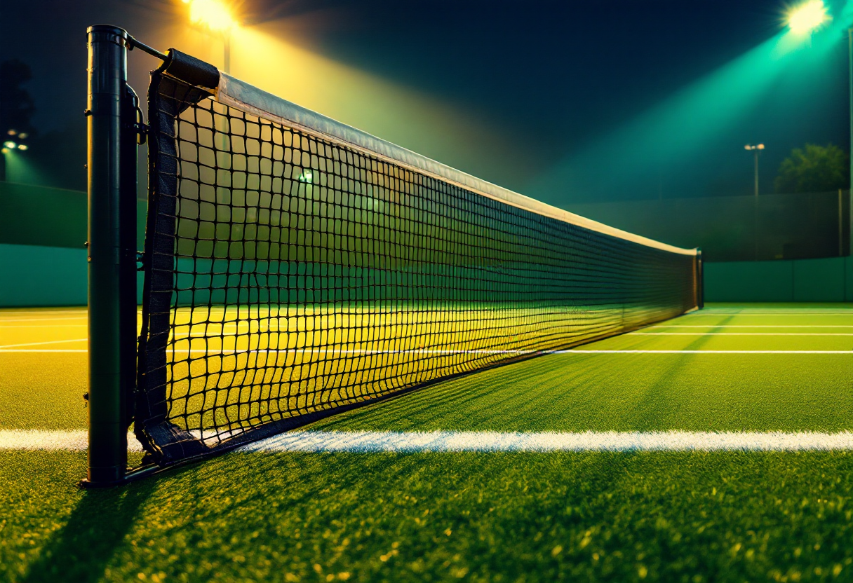 Giocatori di tennis durante una sessione serale sul campo