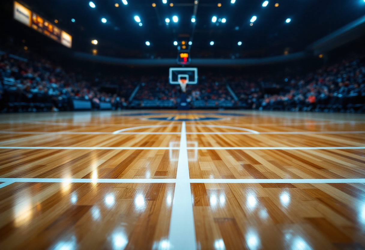Logo della Stella Rossa con sfondo di playoff di basket