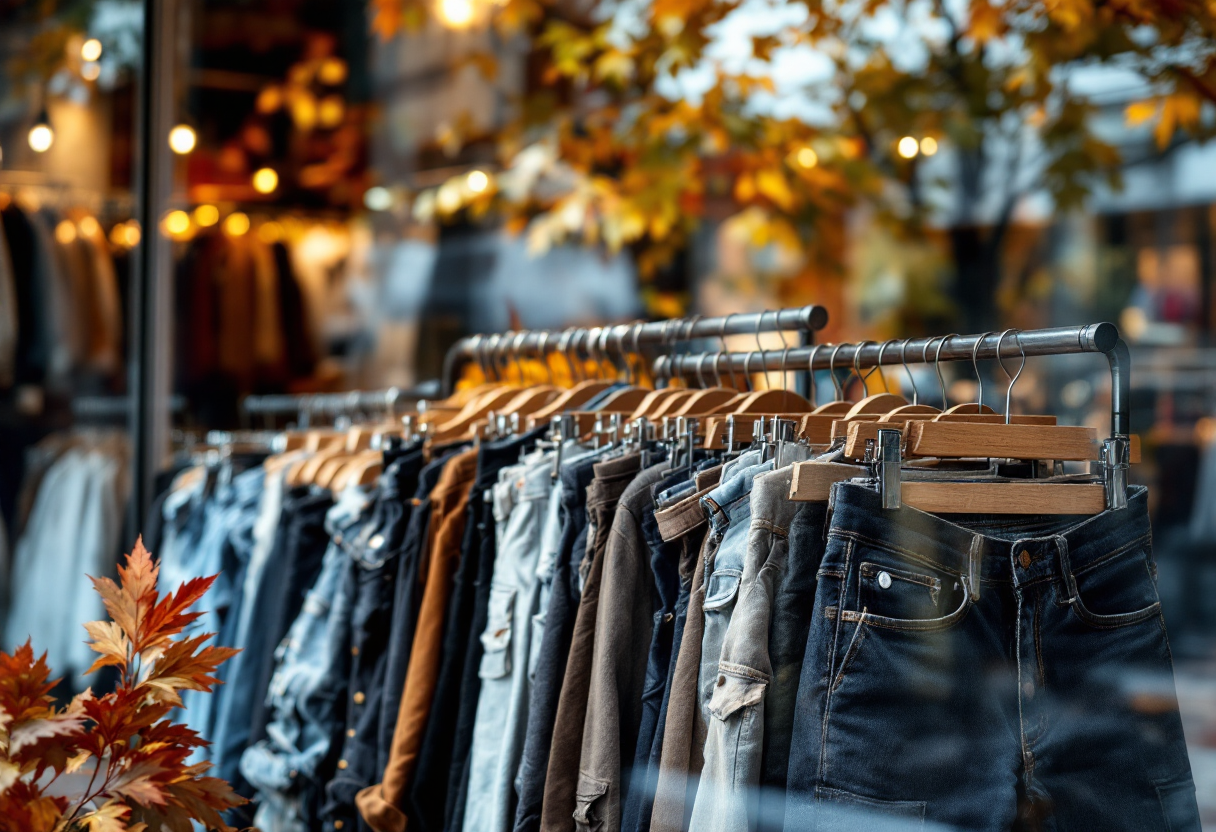 Jeans di vari stili e colori su sfondo neutro