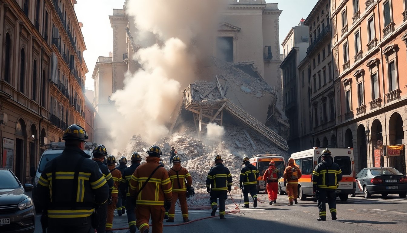 Crollo di un palazzo a Roma: vigili del fuoco in azione