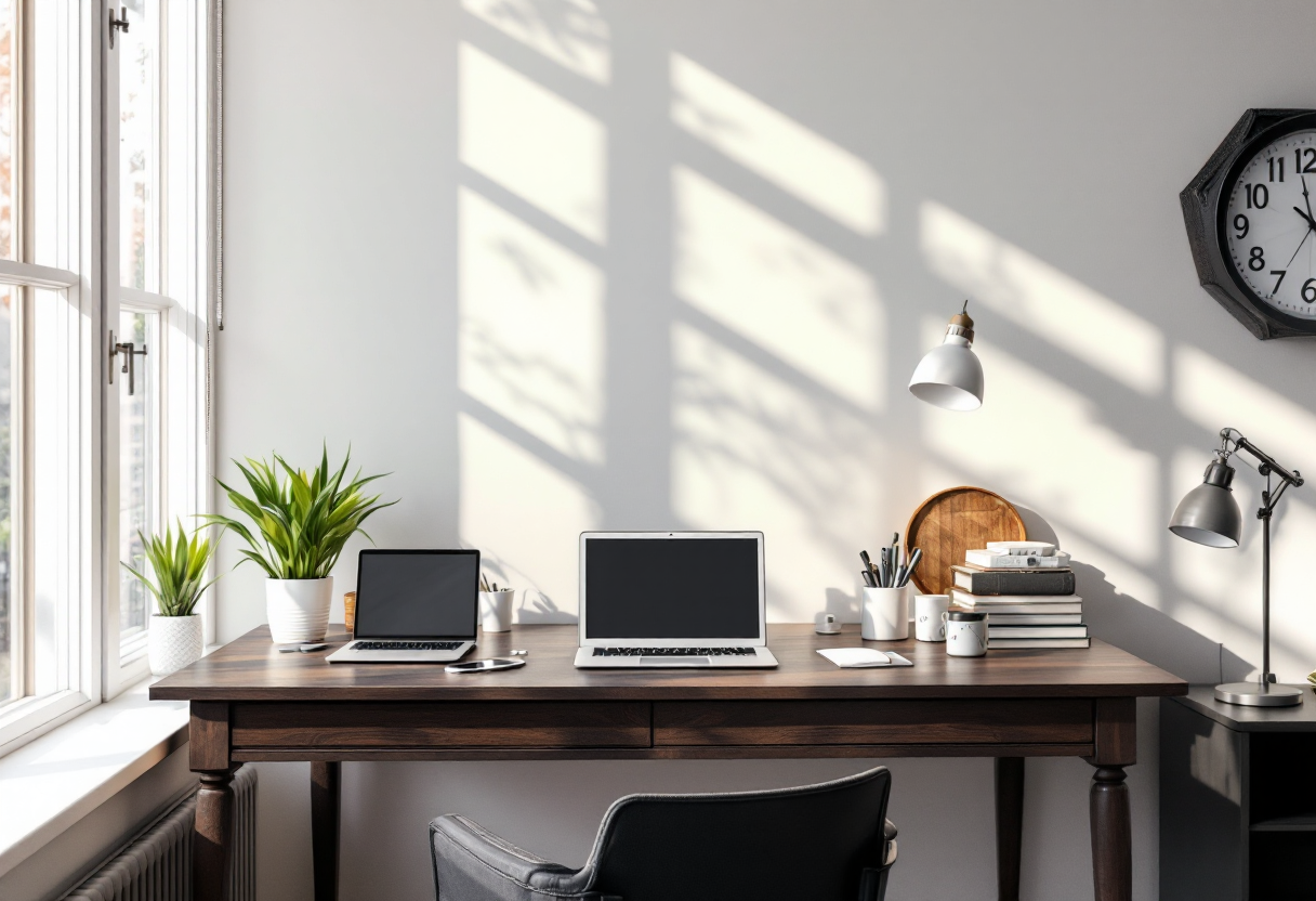 Scrivania moderna per lavoro da casa con accessori