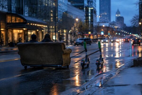 Due uomini su un divano a motore bloccati su South Tryon Street